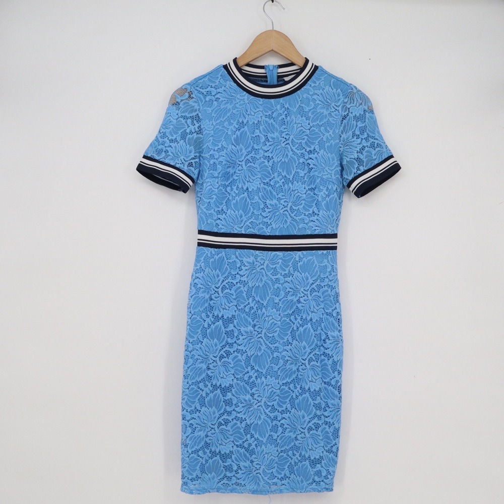 Amisu Blue Floral Lace Sheath Dress Striped Trim Short Sleeve Size 6